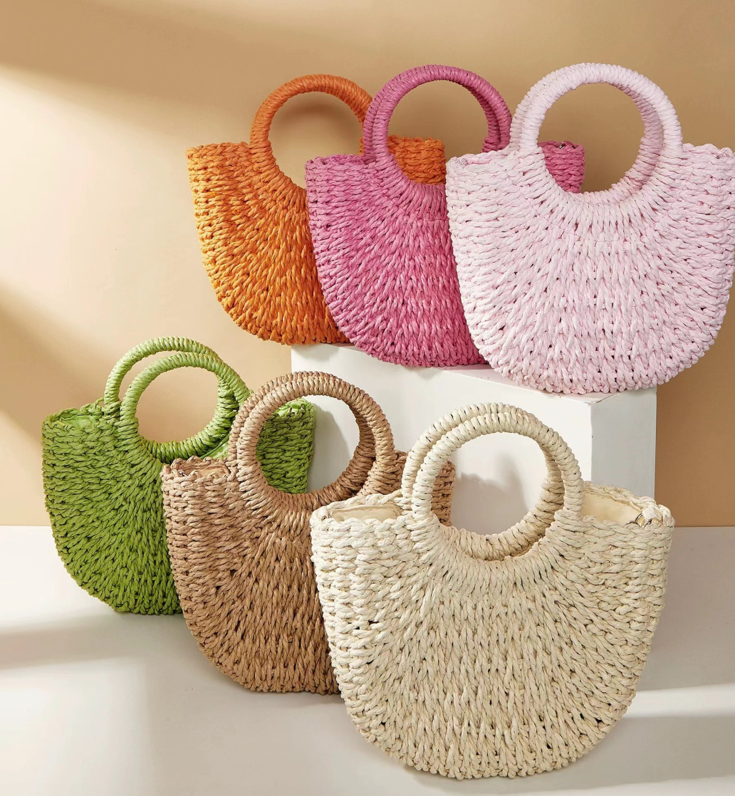 Multi-color Mini Semi-circle Hand-woven Women Summer Retro Beach Tote Shoulder Straw Bag Crossbody Travel Beach