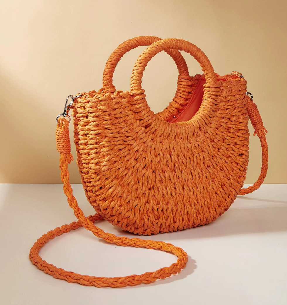 Multi-color Mini Semi-circle Hand-woven Women Summer Retro Beach Tote Shoulder Straw Bag Crossbody Travel Beach