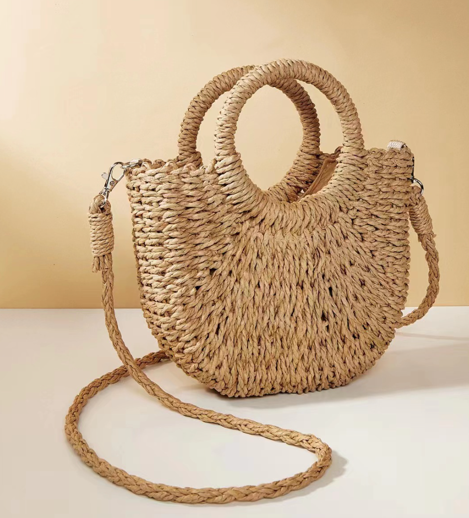Multi-color Mini Semi-circle Hand-woven Women Summer Retro Beach Tote Shoulder Straw Bag Crossbody Travel Beach