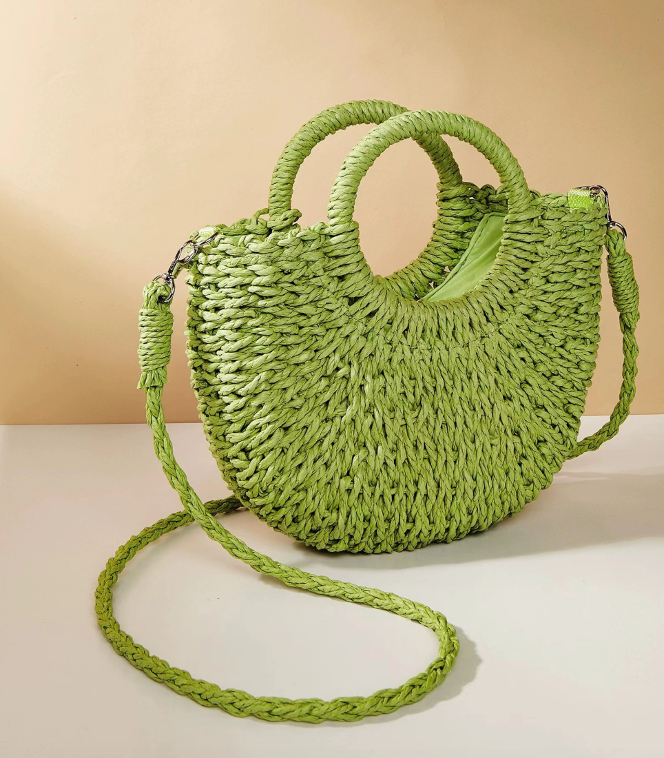 Multi-color Mini Semi-circle Hand-woven Women Summer Retro Beach Tote Shoulder Straw Bag Crossbody Travel Beach