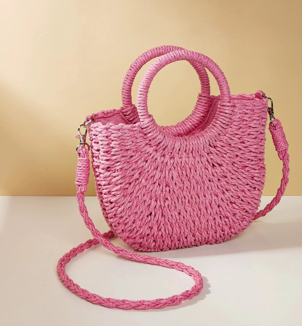 Multi-color Mini Semi-circle Hand-woven Women Summer Retro Beach Tote Shoulder Straw Bag Crossbody Travel Beach