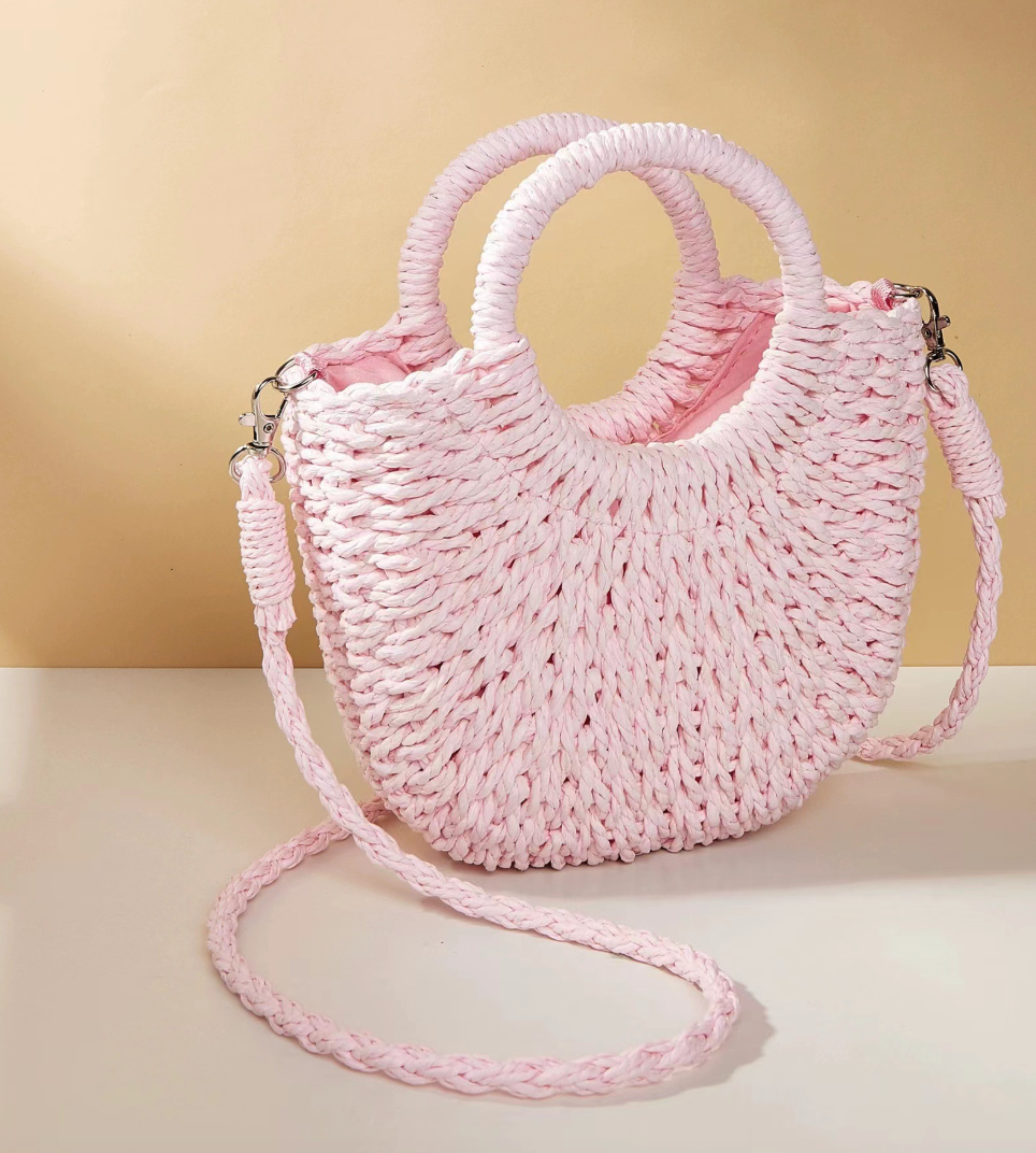 Multi-color Mini Semi-circle Hand-woven Women Summer Retro Beach Tote Shoulder Straw Bag Crossbody Travel Beach