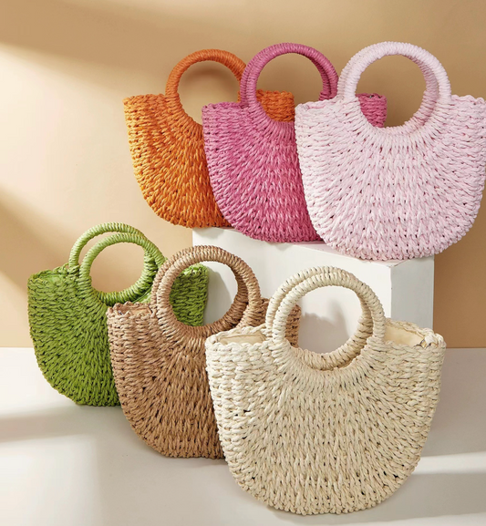 Multi-color Mini Semi-circle Hand-woven Women Summer Retro Beach Tote Shoulder Straw Bag Crossbody Travel Beach